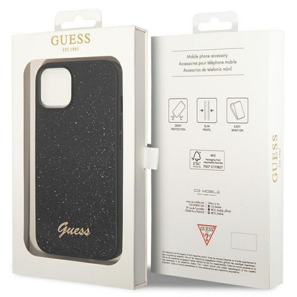 GUESS OVITEK IPHONE 14 PLUS Glitter Flakes Script Metal Logo / black