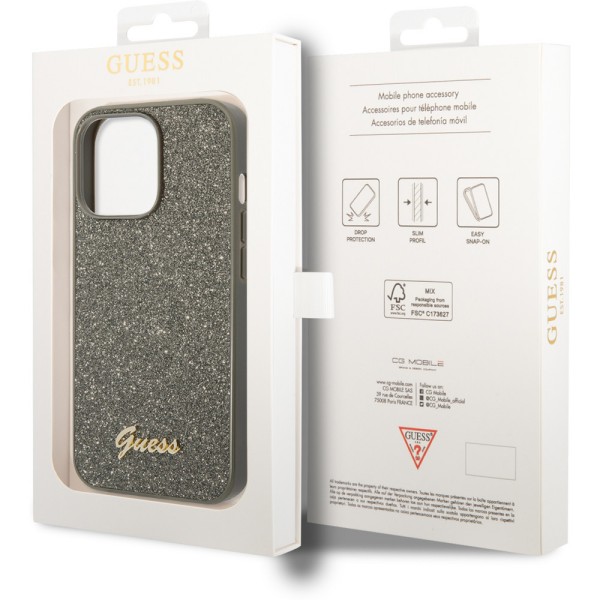GUESS OVITEK IPHONE 14 PLUS Glitter Flakes Script Metal Logo / green